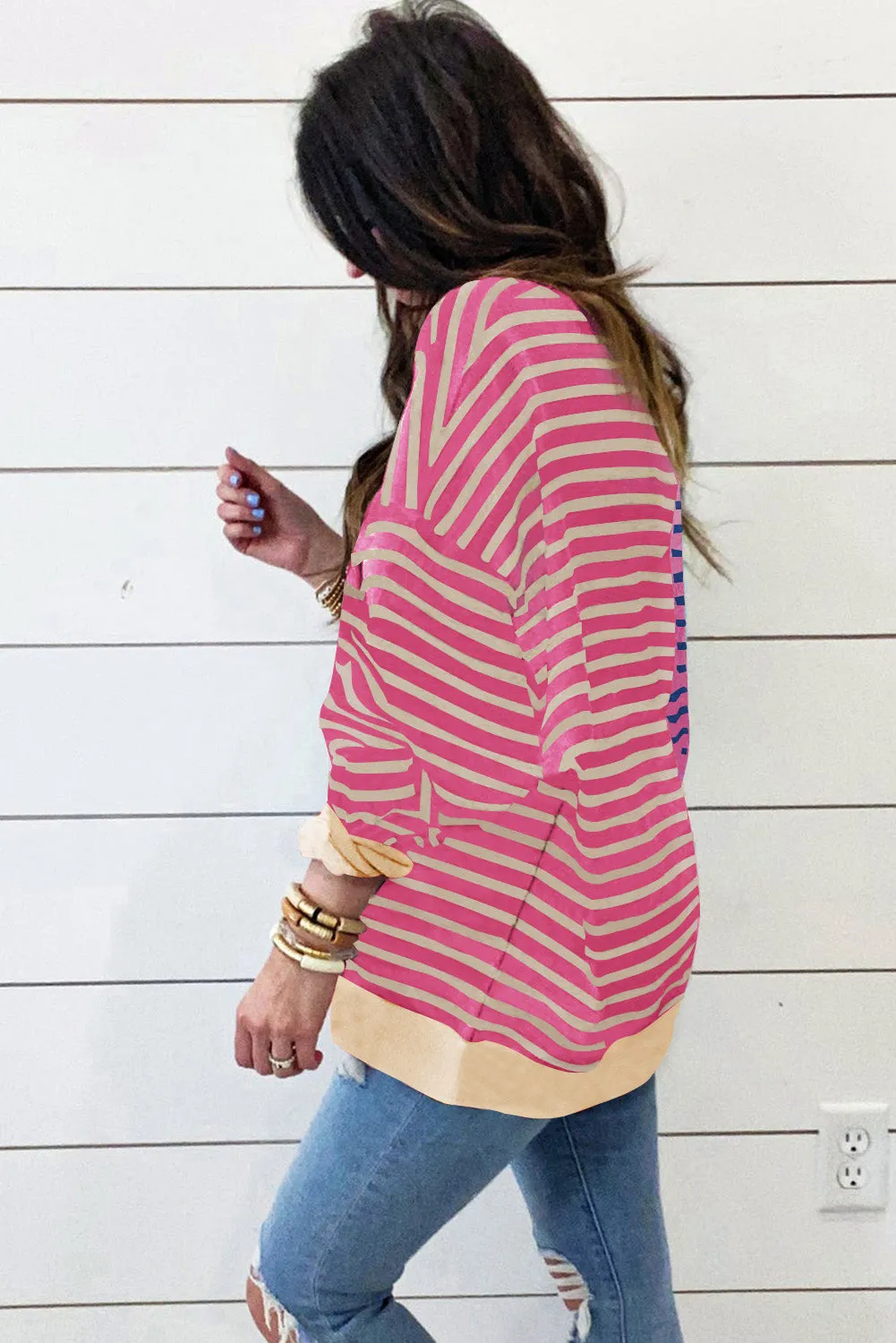 Pink Stripe Casual Stripe Colourblock Drop Shoulder Oversize Sweatshirt sold by Beagle Boutique product image thumbnail 3