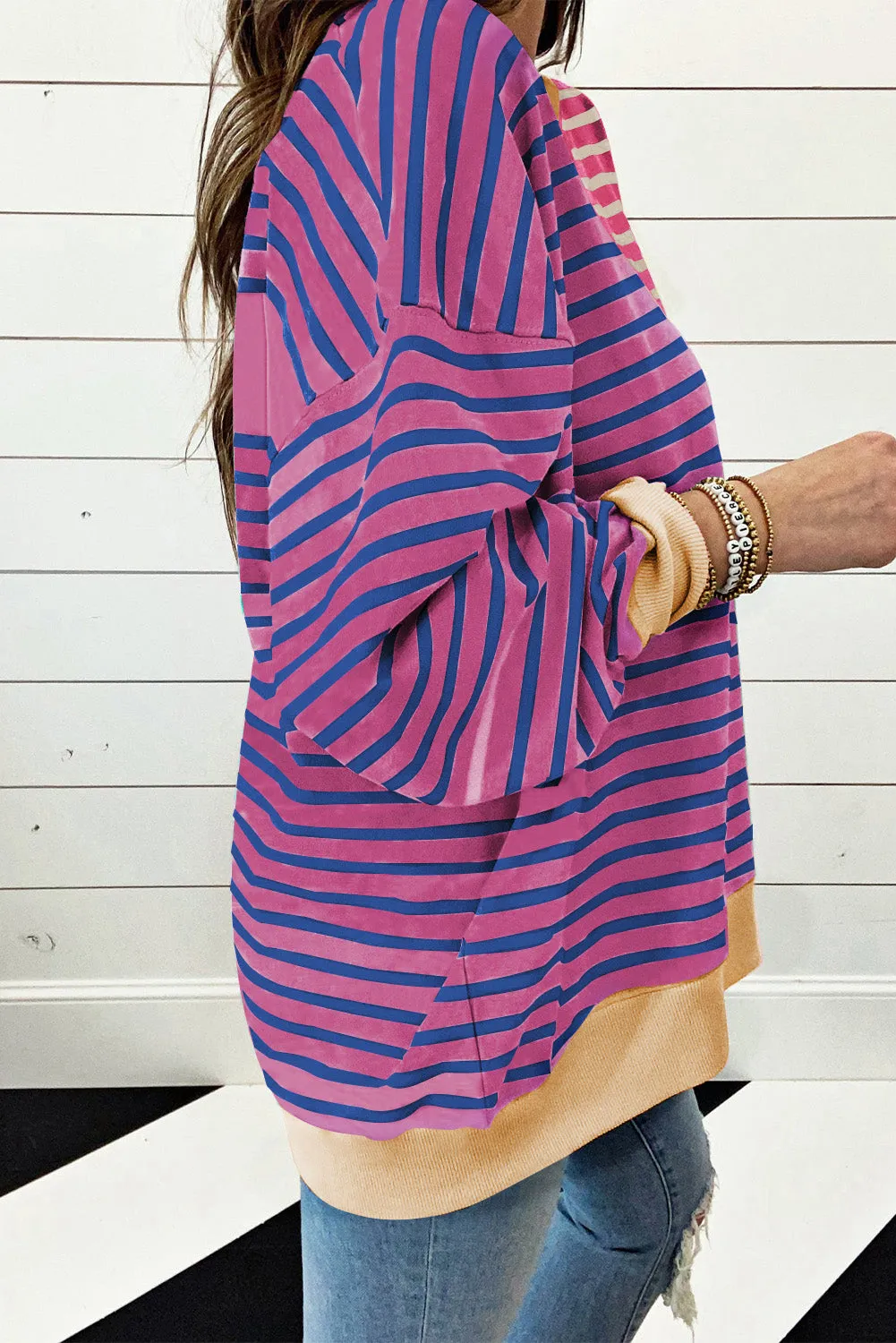 Pink Stripe Casual Stripe Colourblock Drop Shoulder Oversize Sweatshirt sold by Beagle Boutique product image thumbnail 2