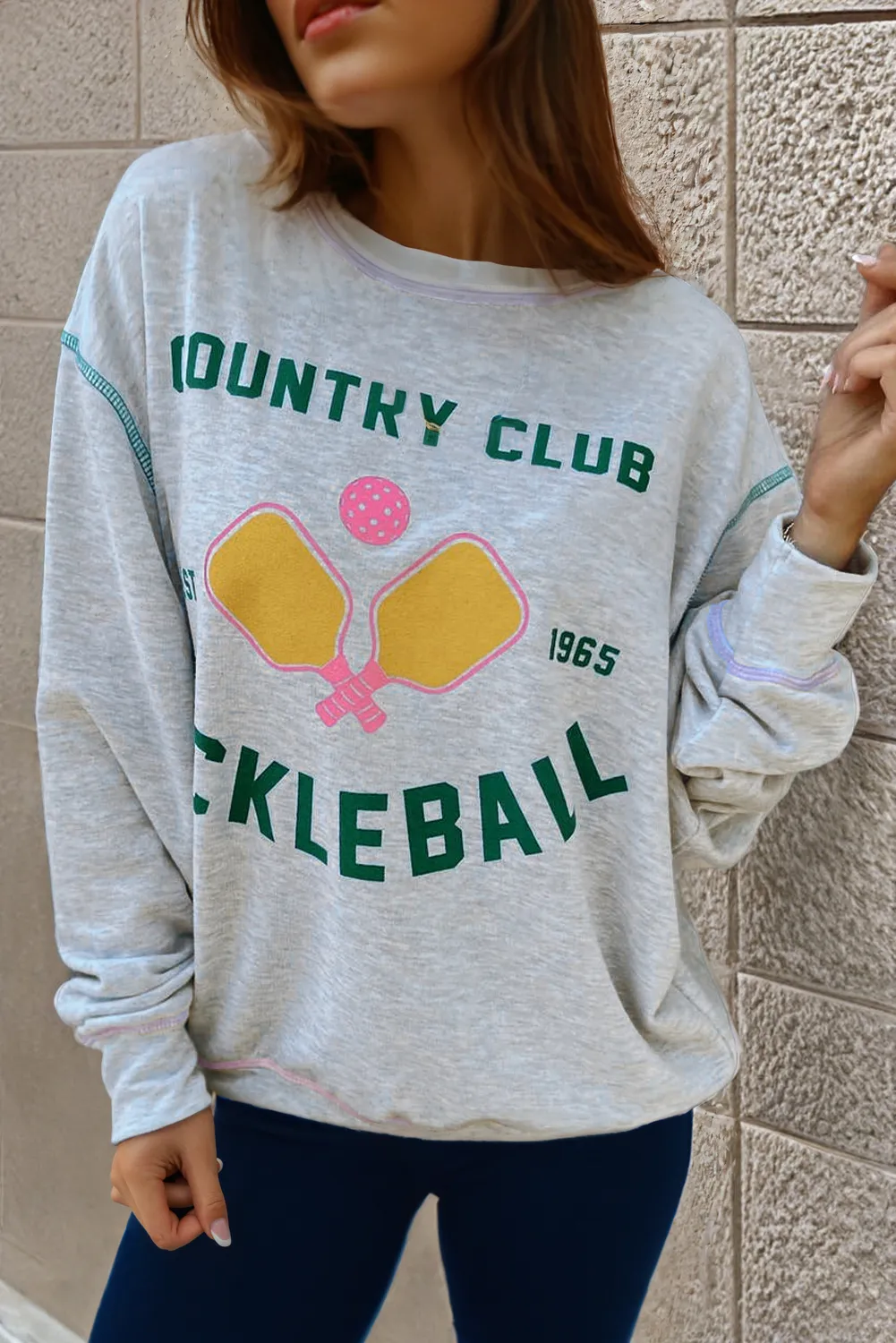 Light Grey COUNTRY CLUB PICKLEBALL Graphic Exposed Stitching Casual Sweatshirt sold by Beagle Boutique product image thumbnail 3