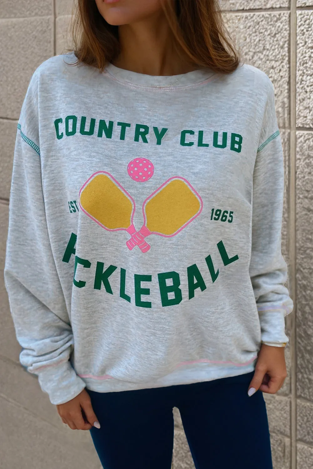 Light Grey COUNTRY CLUB PICKLEBALL Graphic Exposed Stitching Casual Sweatshirt sold by Beagle Boutique