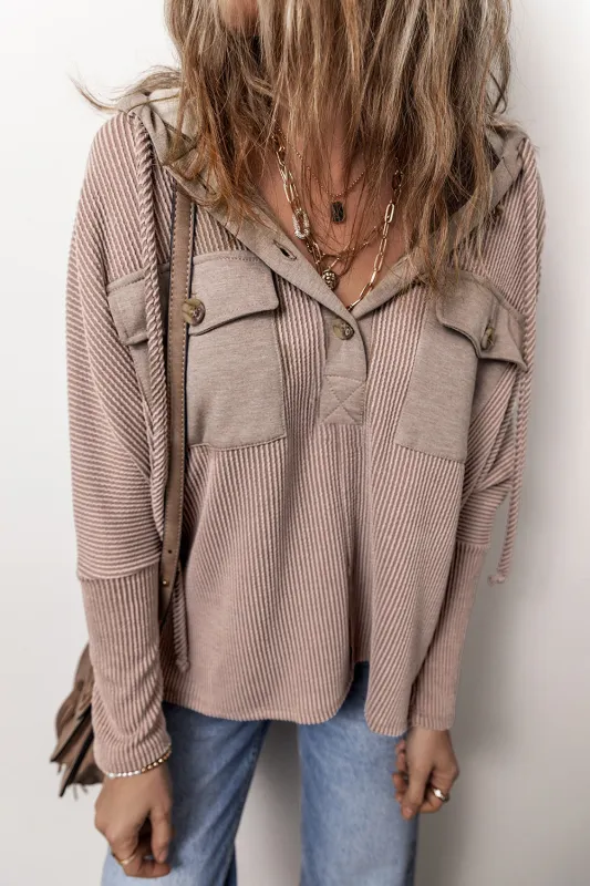 Dark Brown Flap Pocket Patchwork Corded Drawstring Hoodie sold by Beagle Boutique