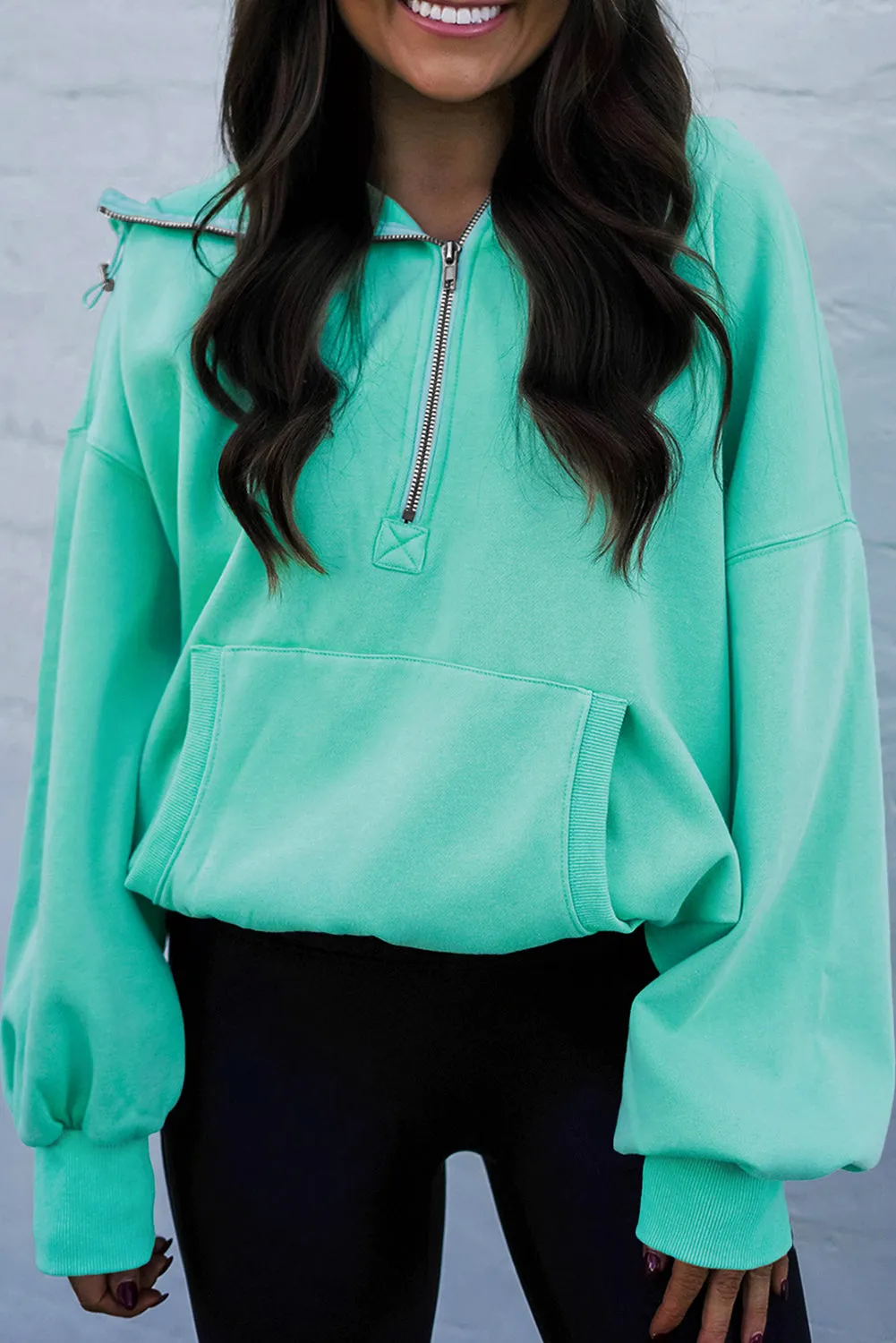 Mint Green Half Zip Kangaroo Pocket Drop Shoulder Hoodie sold by Beagle Boutique