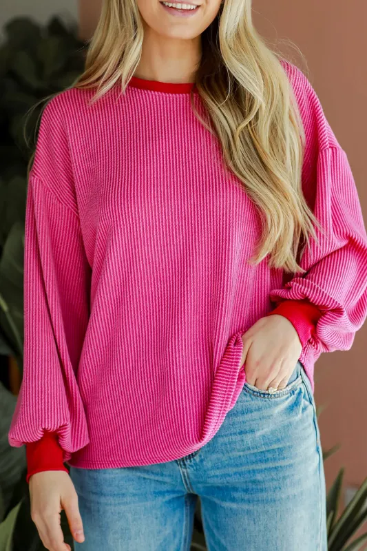 Bright Pink Ribbed Contrast Edge Drop Shoulder Long Sleeve Top sold by Beagle Boutique