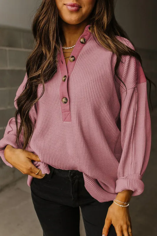 Pink Waffle Long Sleeve Collar Half Button Loose Top sold by Beagle Boutique