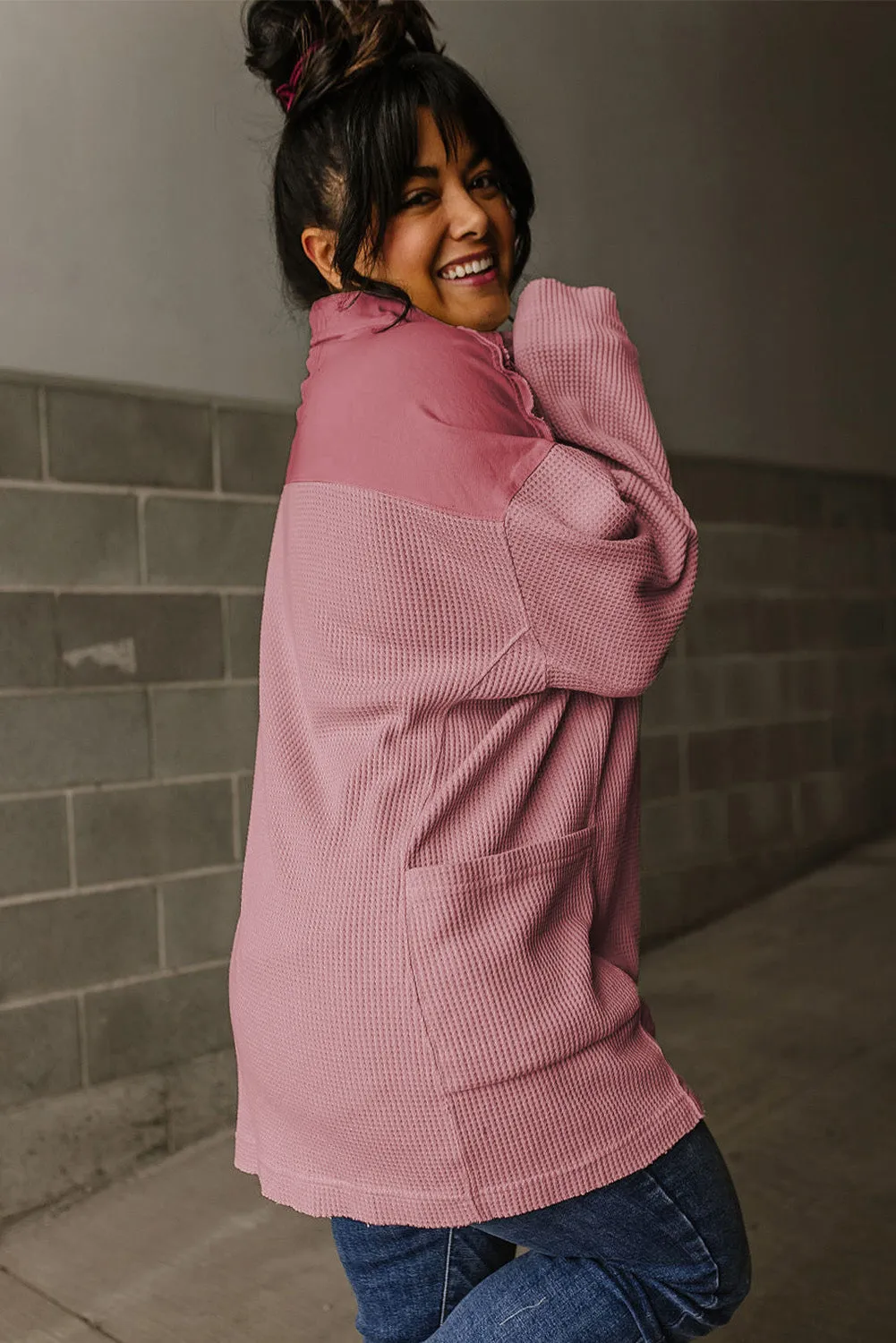 Pink Waffle Long Sleeve Collar Half Button Loose Top sold by Beagle Boutique product image thumbnail 2