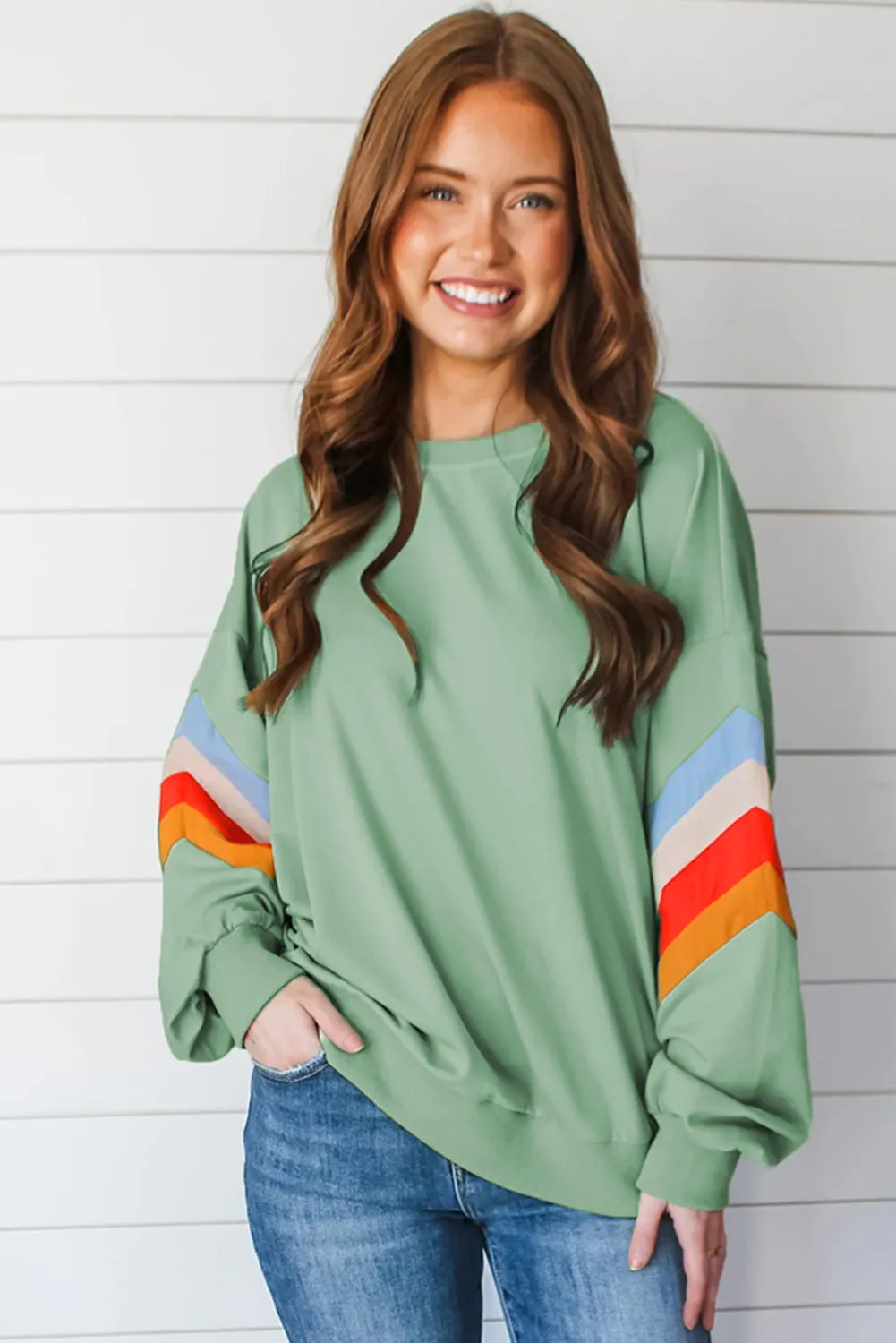 Moonlight Jade Rainbow Striped Sleeve Crew Neck Loose Sweatshirt sold by Beagle Boutique product image thumbnail 3