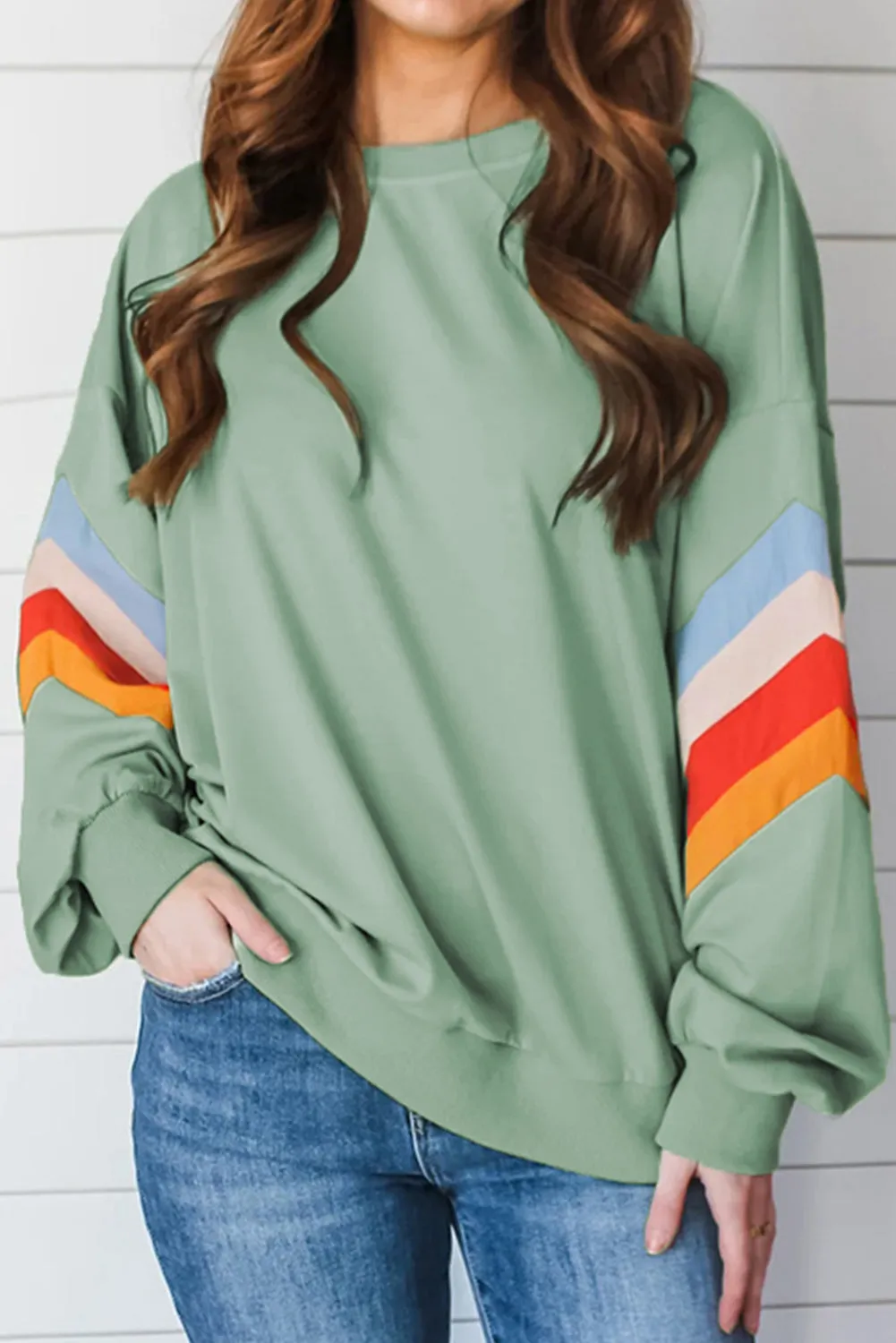 Moonlight Jade Rainbow Striped Sleeve Crew Neck Loose Sweatshirt sold by Beagle Boutique