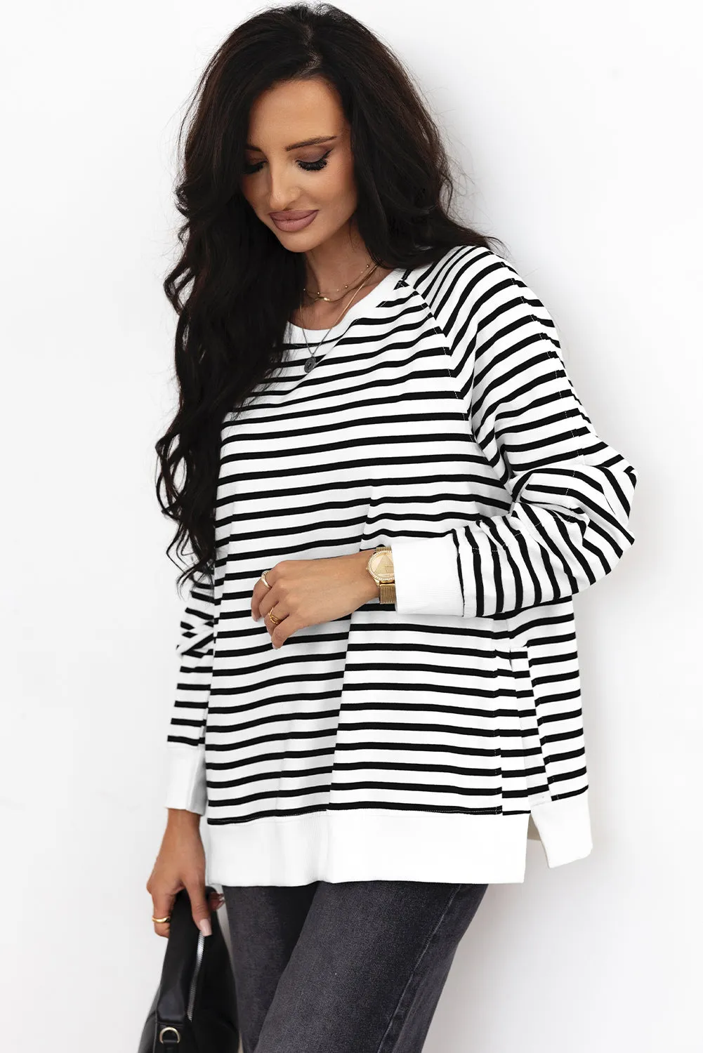 Black Stripe Raglan Sleeve Side Slits Loose Sweatshirt sold by Beagle Boutique product image thumbnail 3