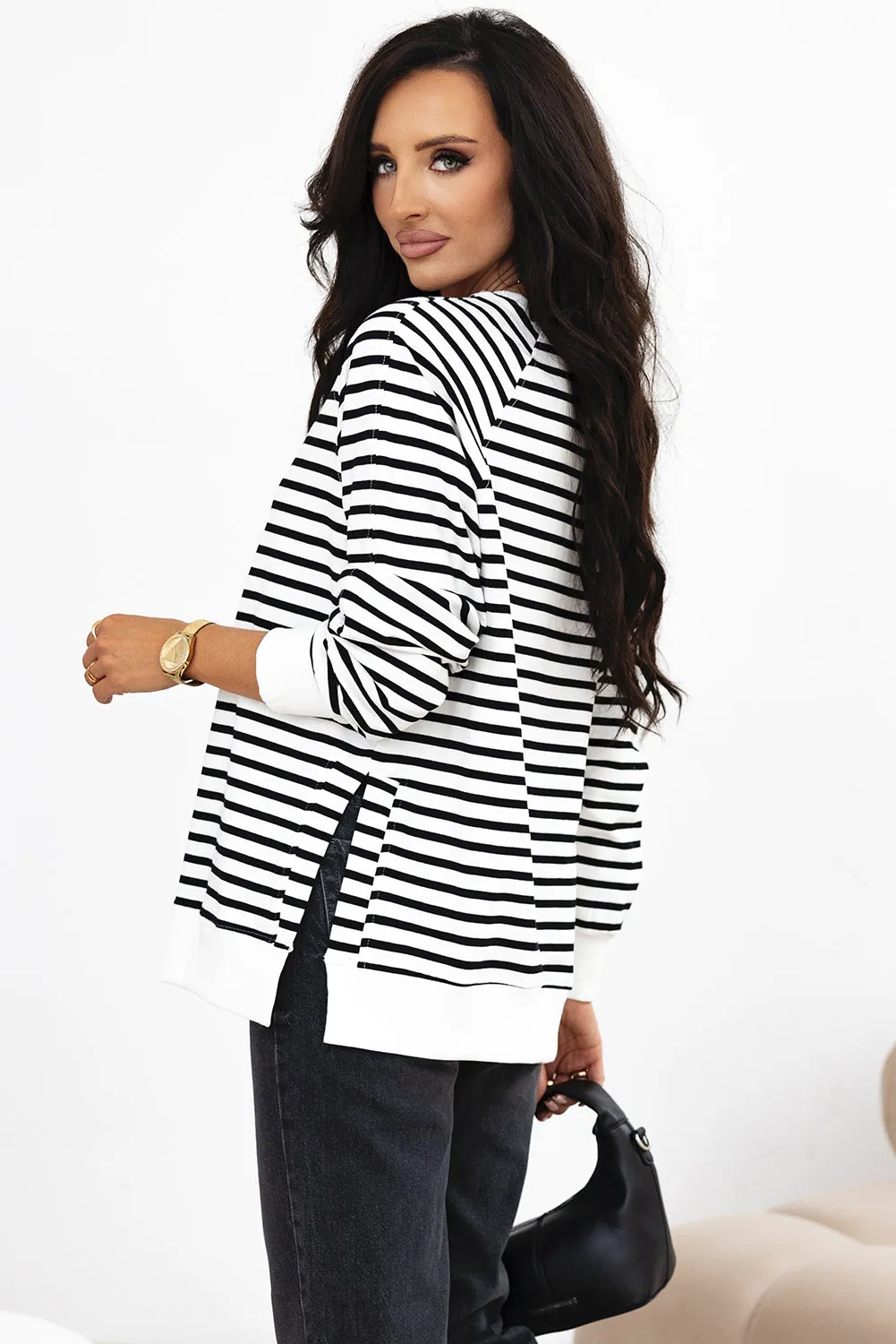 Black Stripe Raglan Sleeve Side Slits Loose Sweatshirt sold by Beagle Boutique product image thumbnail 2