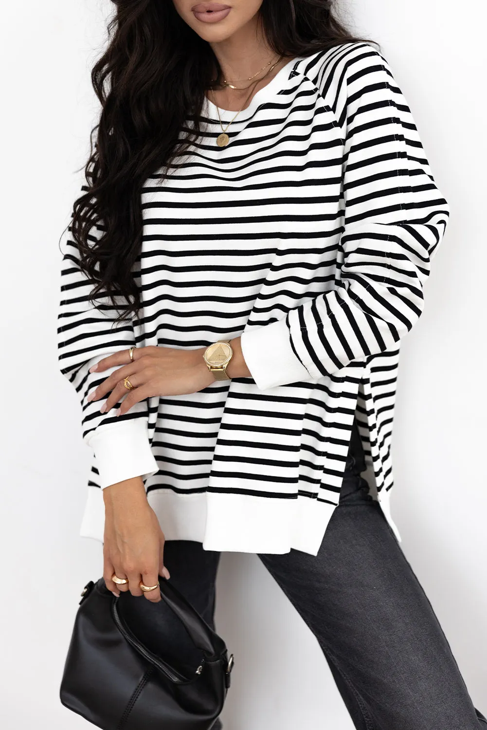 Black Stripe Raglan Sleeve Side Slits Loose Sweatshirt sold by Beagle Boutique