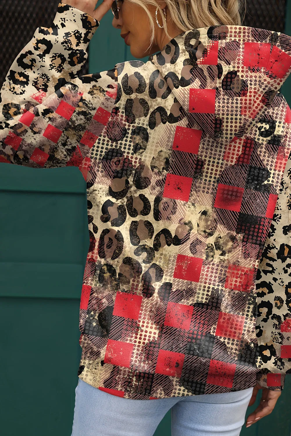 Brown Leopard Plaid Bleached Print Kangaroo Pocket Hoodie sold by Beagle Boutique product image thumbnail 2