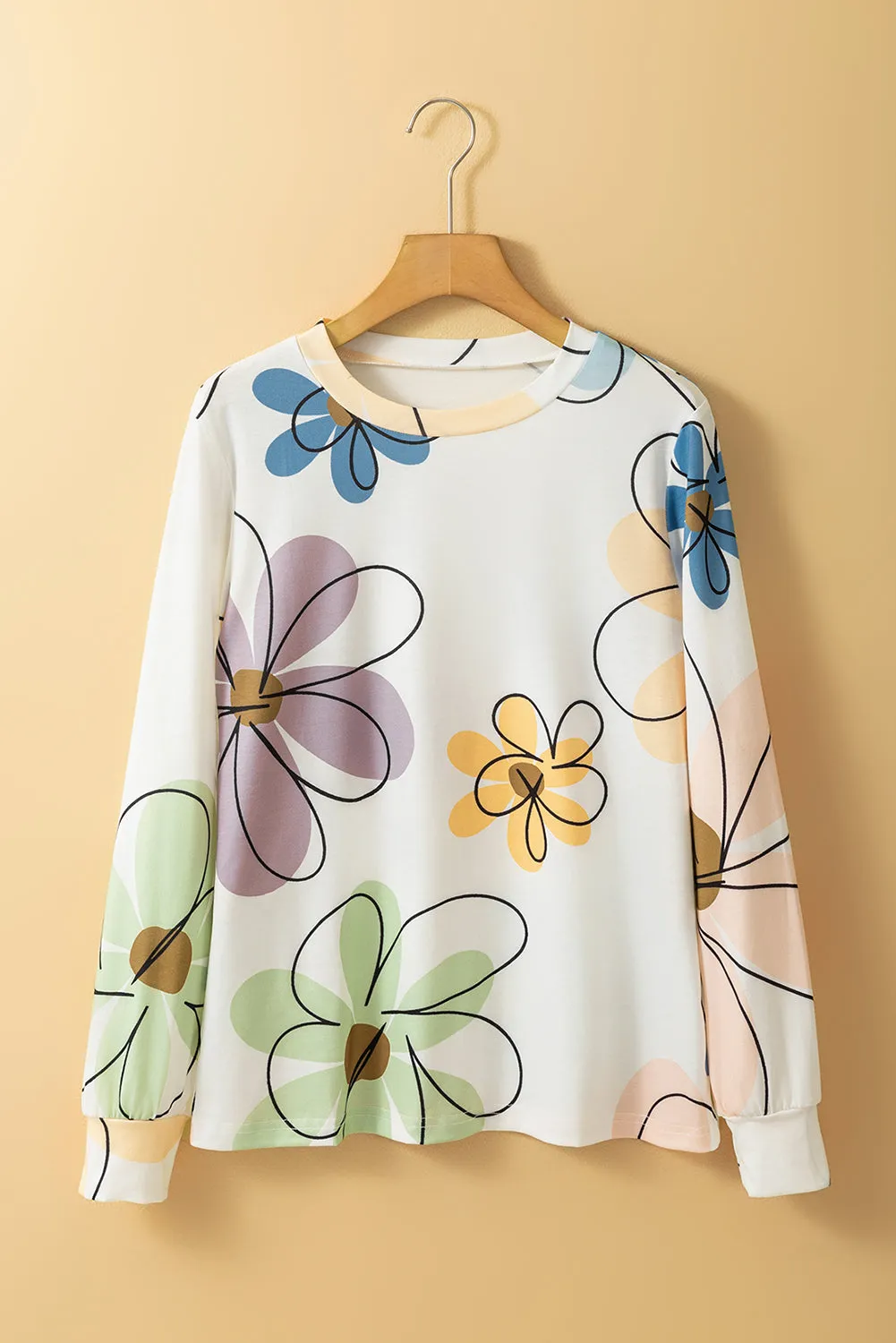 Beige Flower Print Crew Neck Long Sleeve T Shirt sold by Beagle Boutique product image thumbnail 3