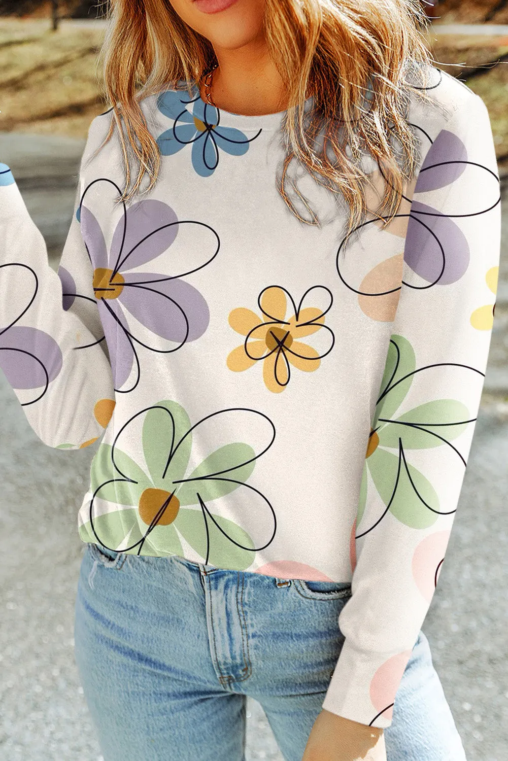 Beige Flower Print Crew Neck Long Sleeve T Shirt sold by Beagle Boutique