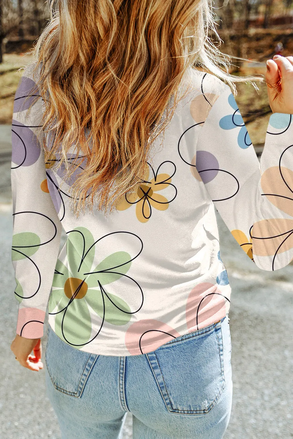 Beige Flower Print Crew Neck Long Sleeve T Shirt sold by Beagle Boutique product image thumbnail 2