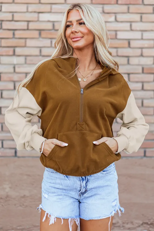 Chestnut Colour Block Half Zip Kangaroo Pocketed Hoodie sold by Beagle Boutique