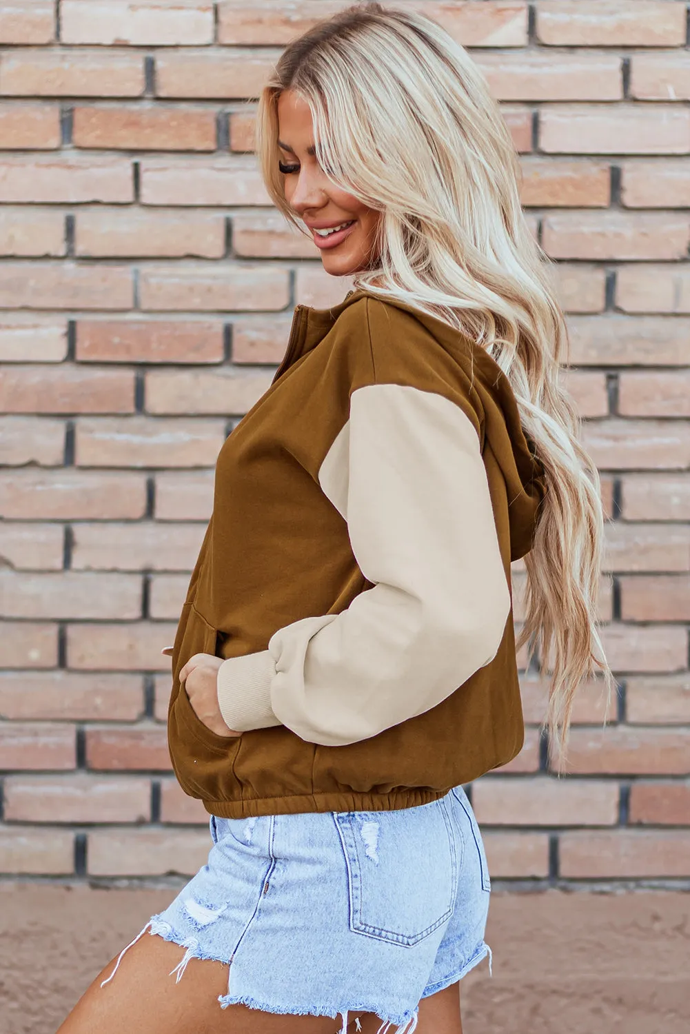 Chestnut Colour Block Half Zip Kangaroo Pocketed Hoodie sold by Beagle Boutique product image thumbnail 3