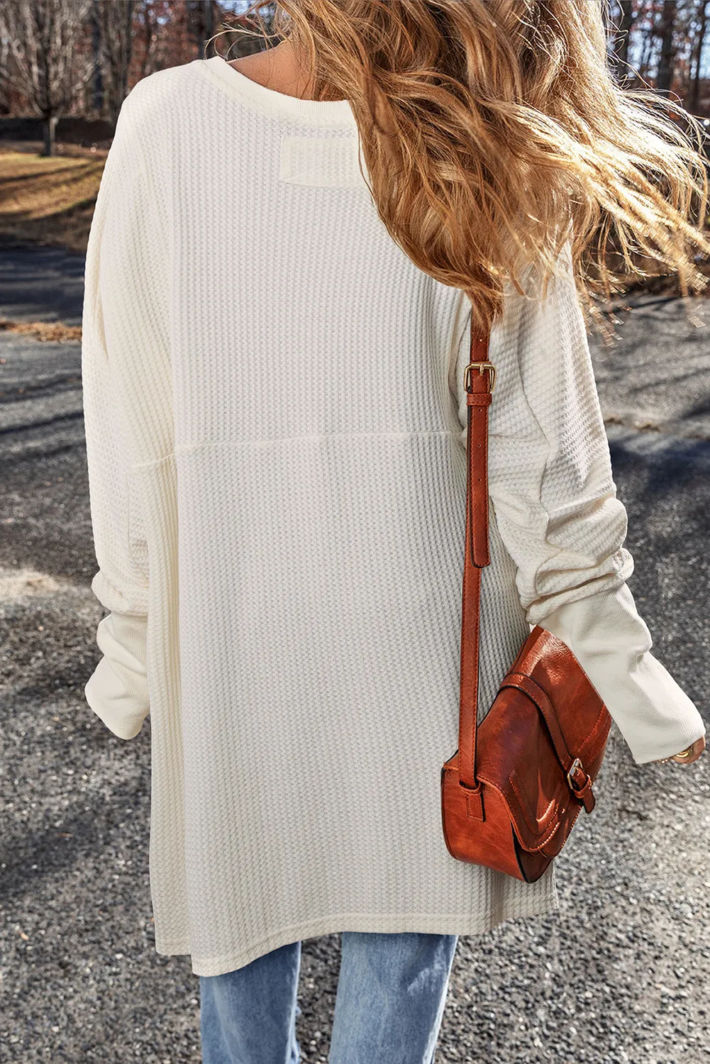 White Waffle Knit Exposed Seam V Neck Oversized Top sold by Beagle Boutique product image thumbnail 2