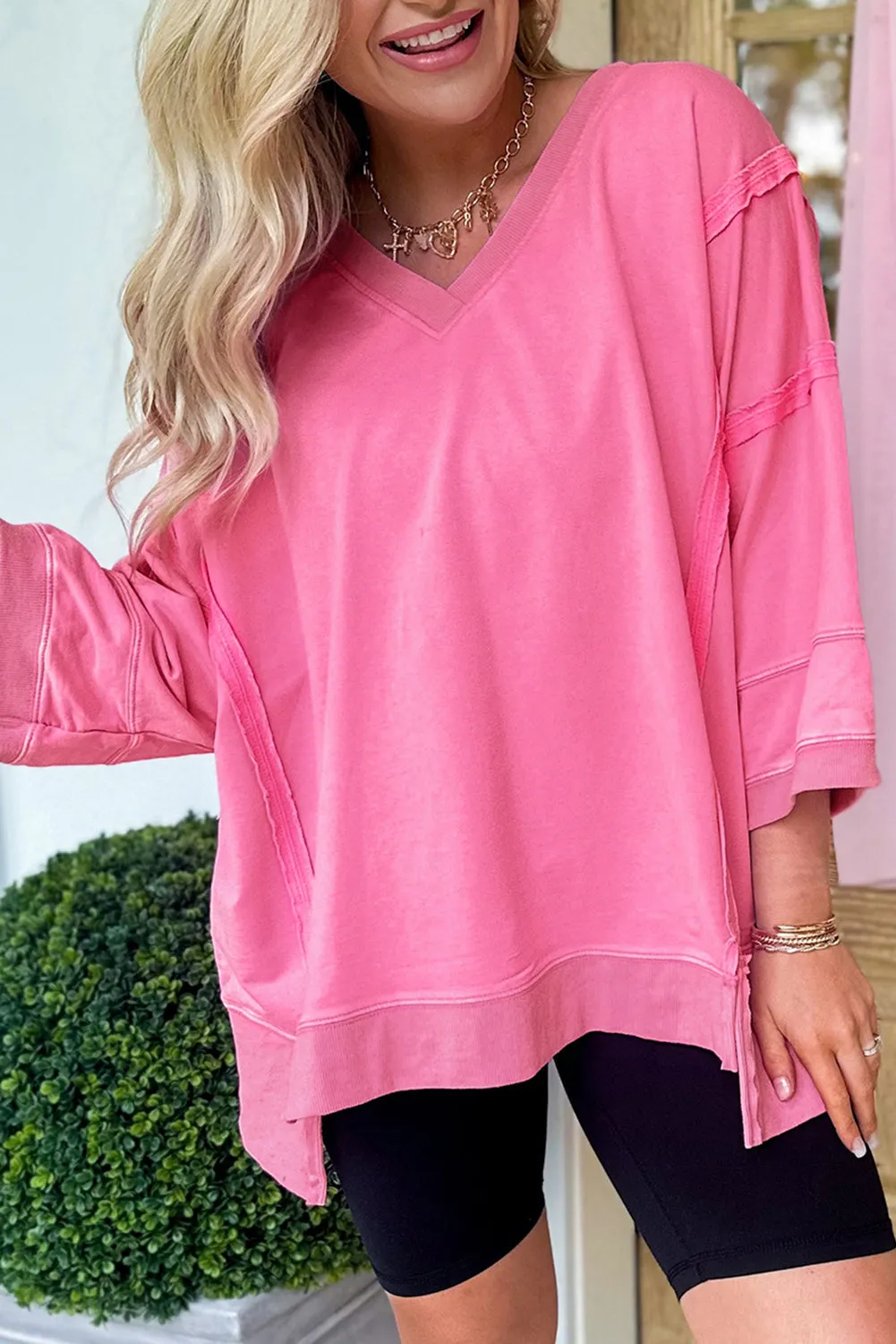 Pink Bracelet Sleeve Mineral Washed V Neck T Shirt sold by Beagle Boutique