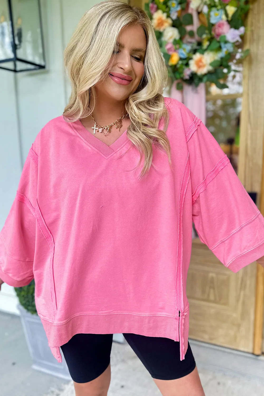 Pink Bracelet Sleeve Mineral Washed V Neck T Shirt sold by Beagle Boutique product image thumbnail 3