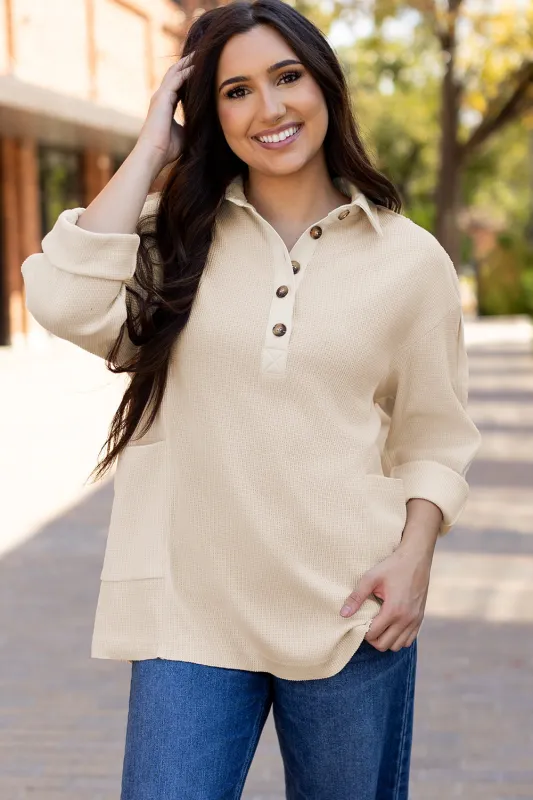 Jet Stream Waffle Long Sleeve Collar Half Button Loose Top sold by Beagle Boutique