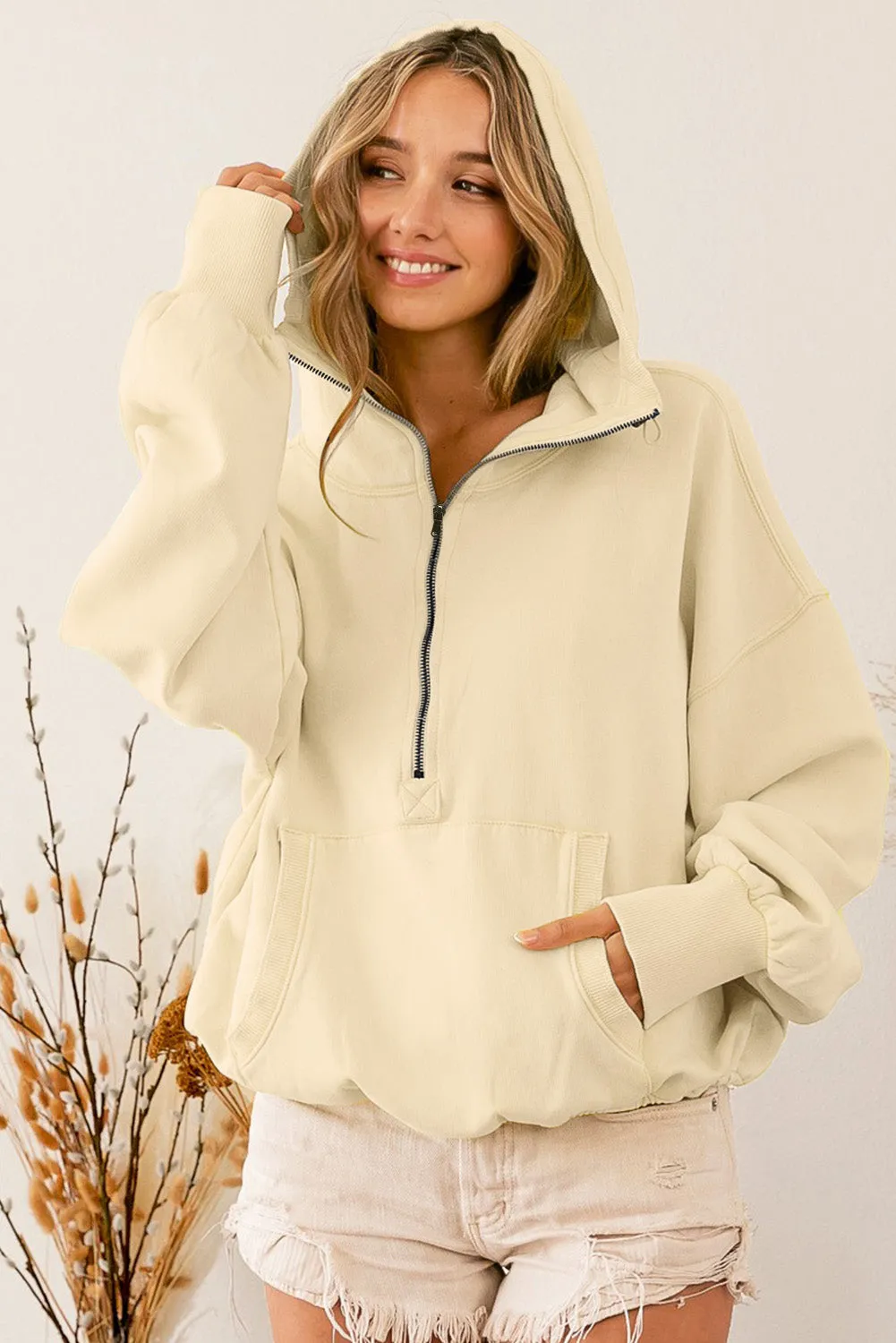 Beige Ribbed Trim Kangaroo Pocket Zipped Hoodie sold by Beagle Boutique product image thumbnail 3