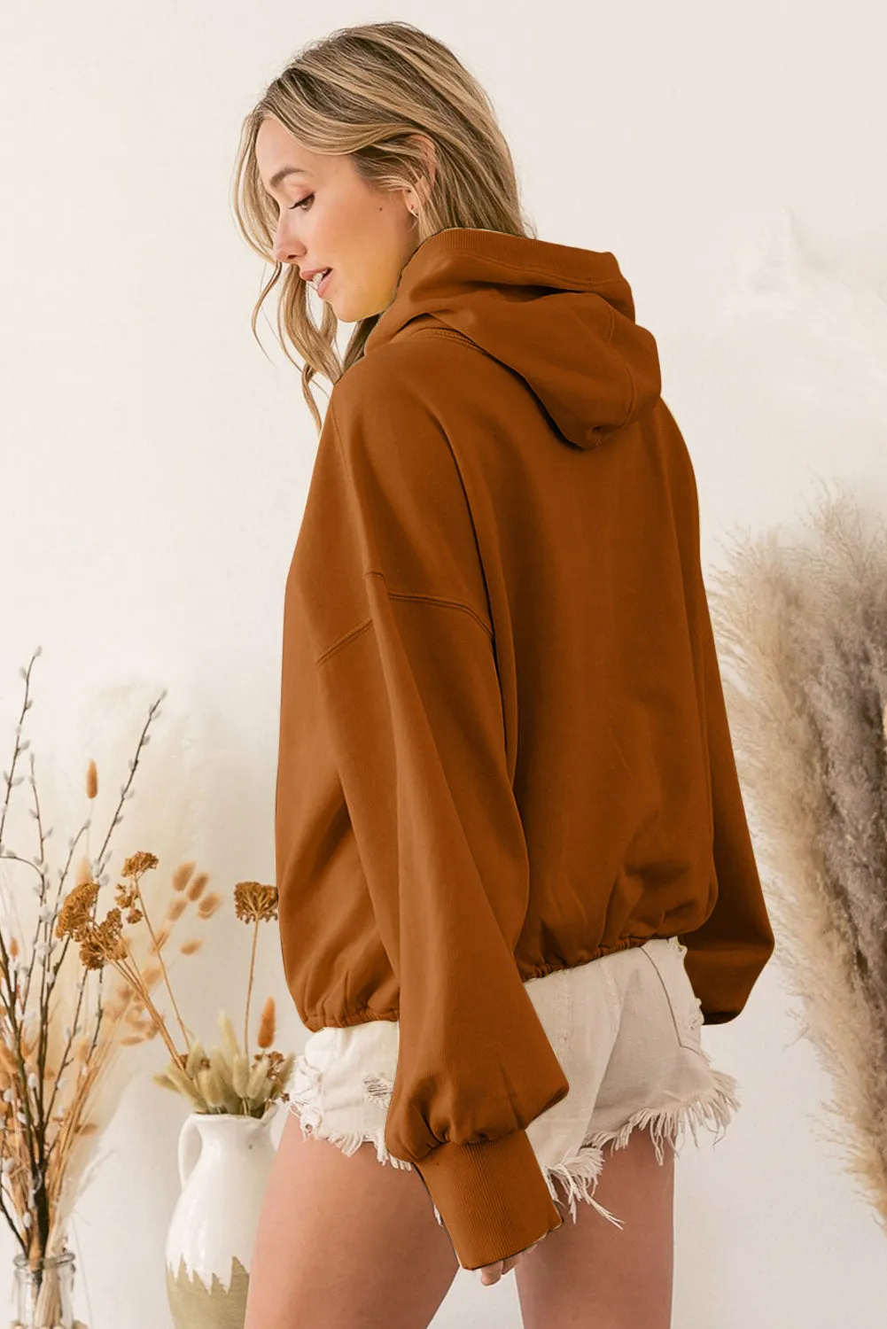 Beige Ribbed Trim Kangaroo Pocket Zipped Hoodie sold by Beagle Boutique product image thumbnail 5