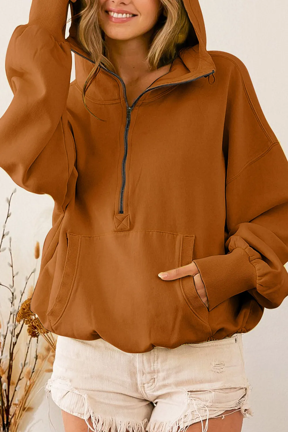 Beige Ribbed Trim Kangaroo Pocket Zipped Hoodie sold by Beagle Boutique product image thumbnail 4
