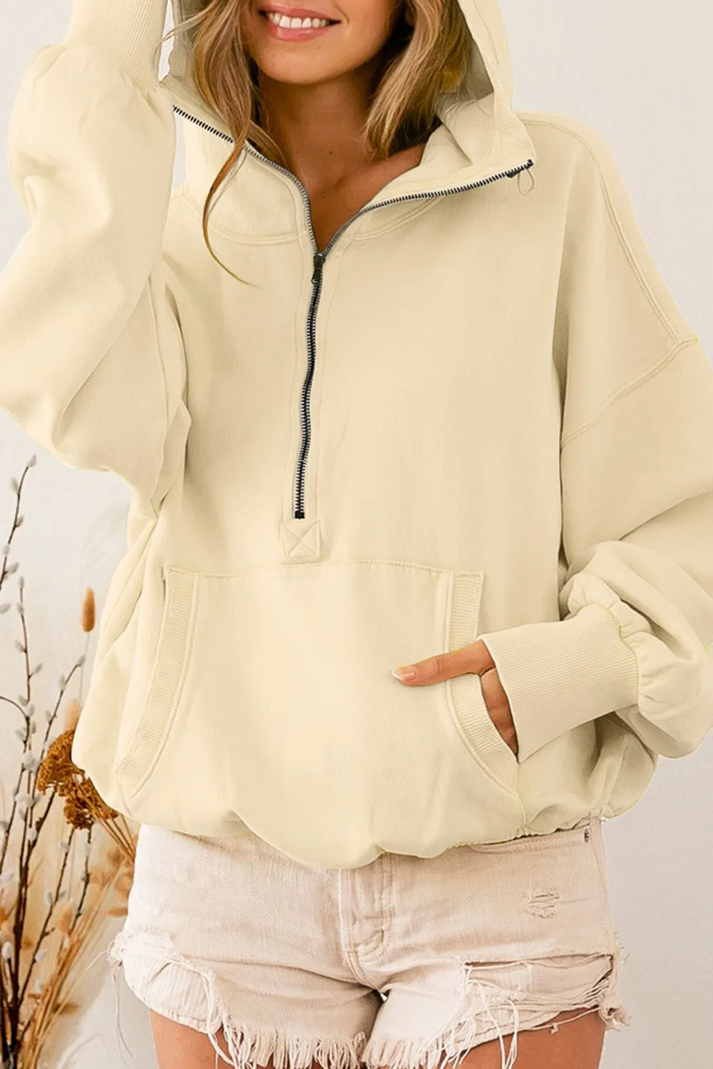 Beige Ribbed Trim Kangaroo Pocket Zipped Hoodie sold by Beagle Boutique