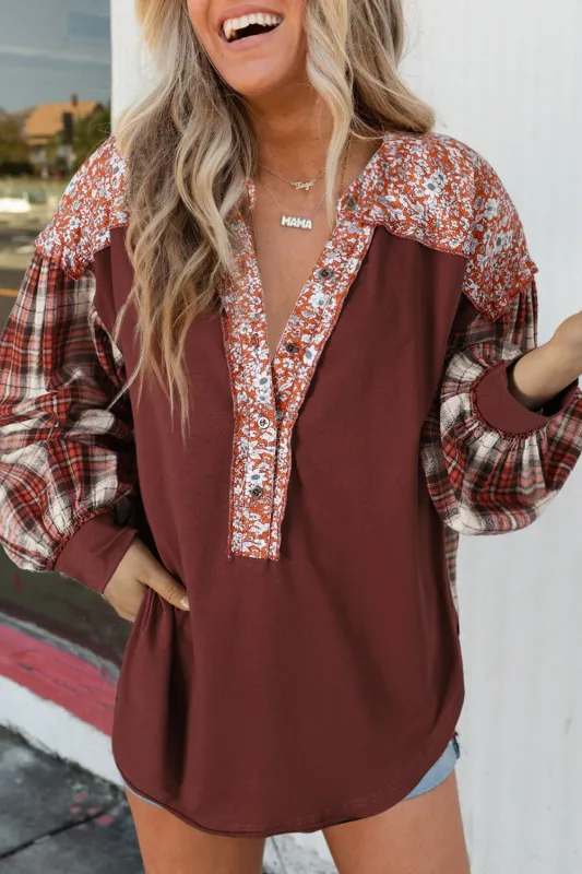 Fiery Red Floral Plaid Mixed Print Bishop Sleeve Patchwork Top sold by Beagle Boutique