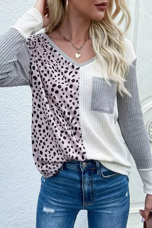 Leopard Patchwork Ribbed Colour Block V Neck Top sold by Beagle Boutique
