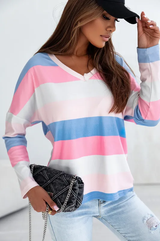 Pink Contrast Striped V Neck Long Sleeve Top sold by Beagle Boutique