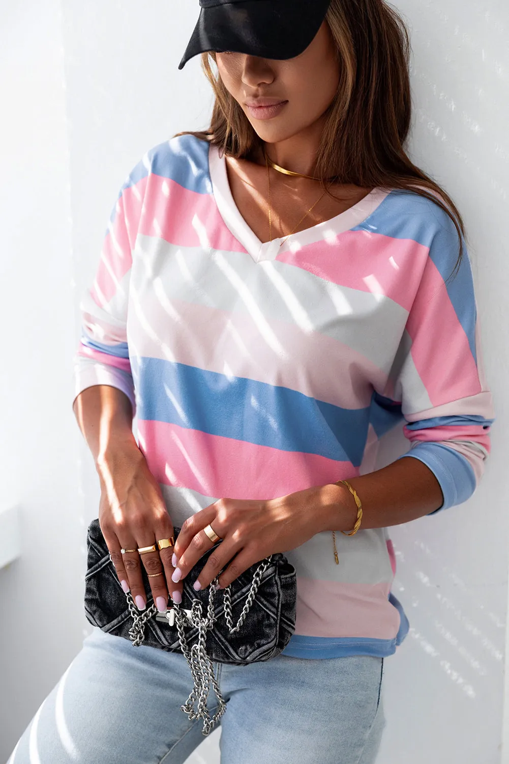Pink Contrast Striped V Neck Long Sleeve Top sold by Beagle Boutique product image thumbnail 3