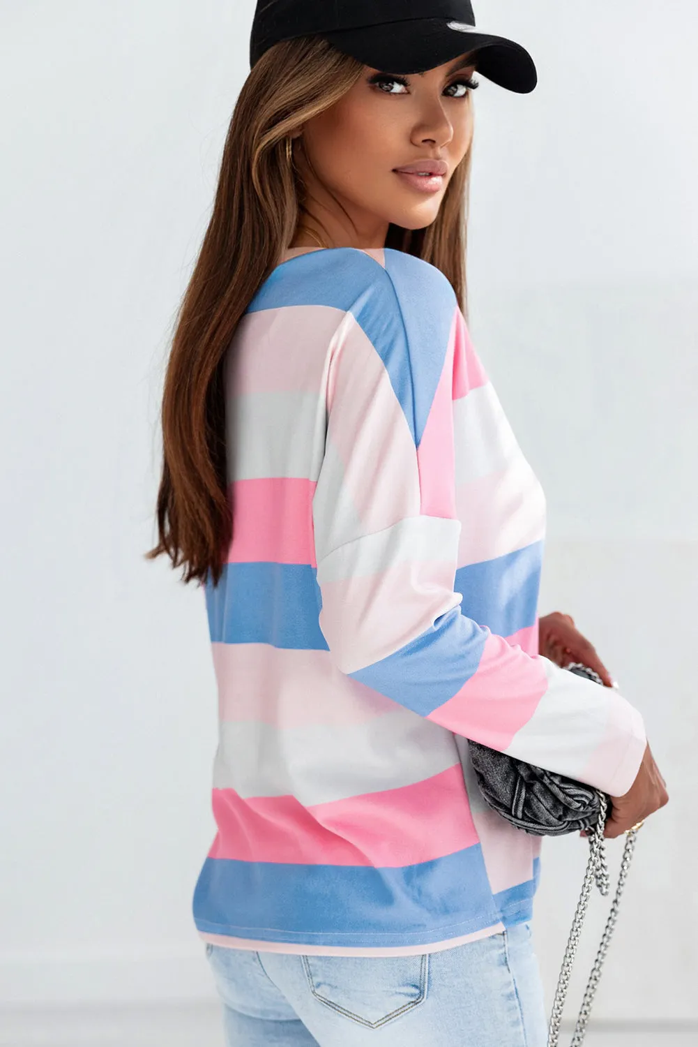 Pink Contrast Striped V Neck Long Sleeve Top sold by Beagle Boutique product image thumbnail 2
