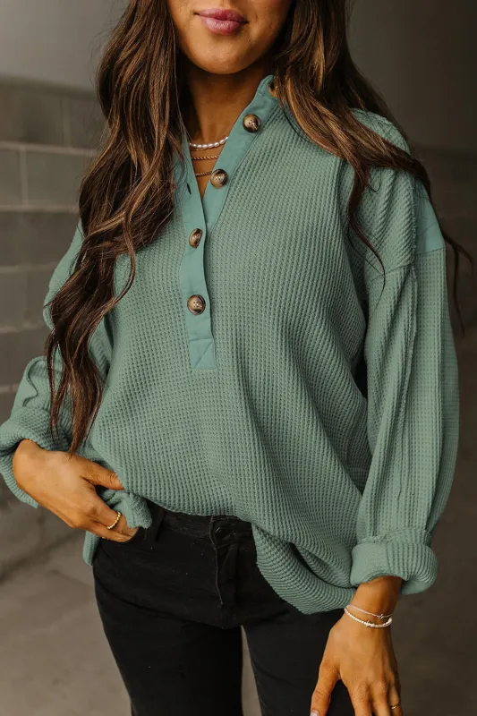 Smoke Green Waffle Long Sleeve Collar Half Button Loose Top sold by Beagle Boutique