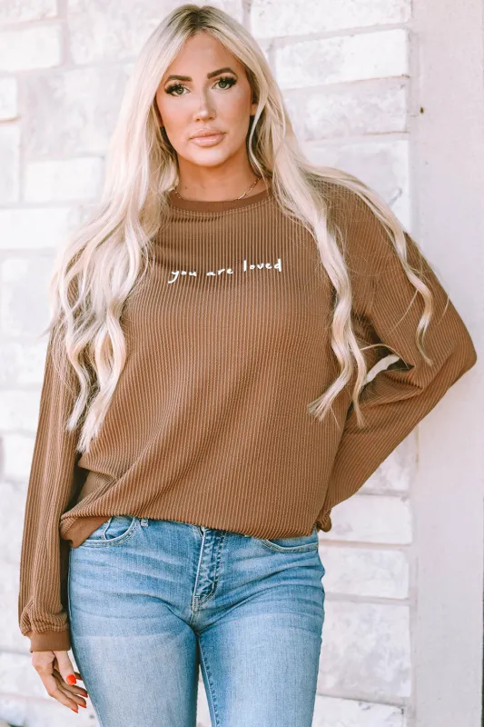 Khaki You Are Loved Print Corduroy Sweatshirt sold by Beagle Boutique