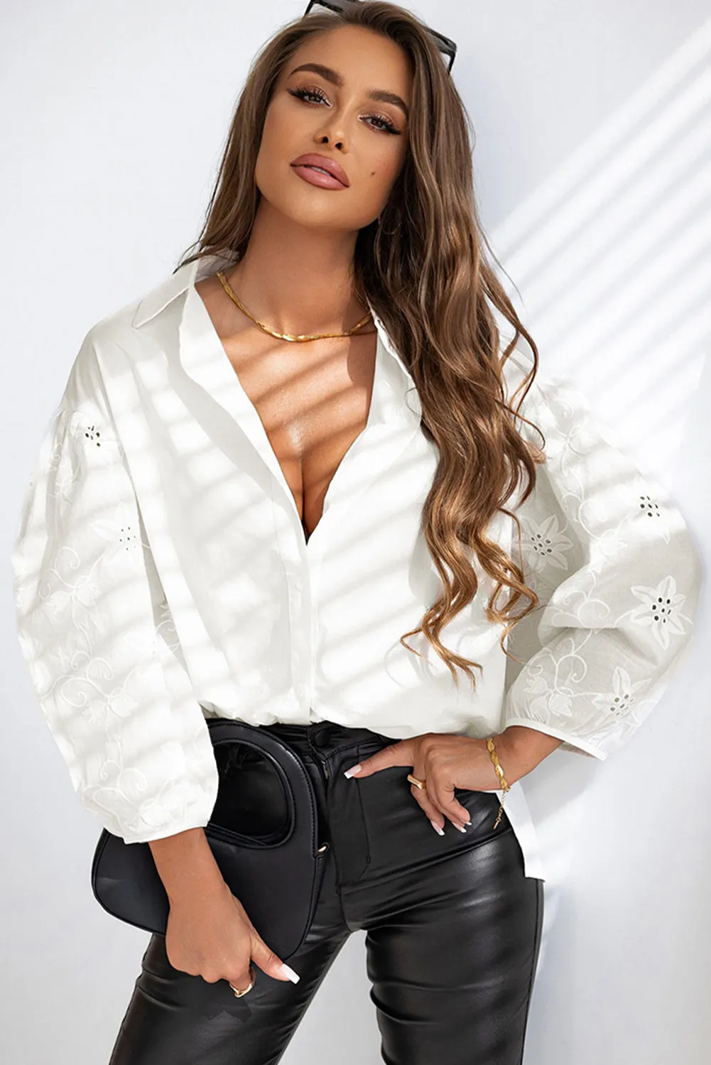 White Eyelets Embroidered Puff Sleeve Buttoned Shirt sold by Beagle Boutique