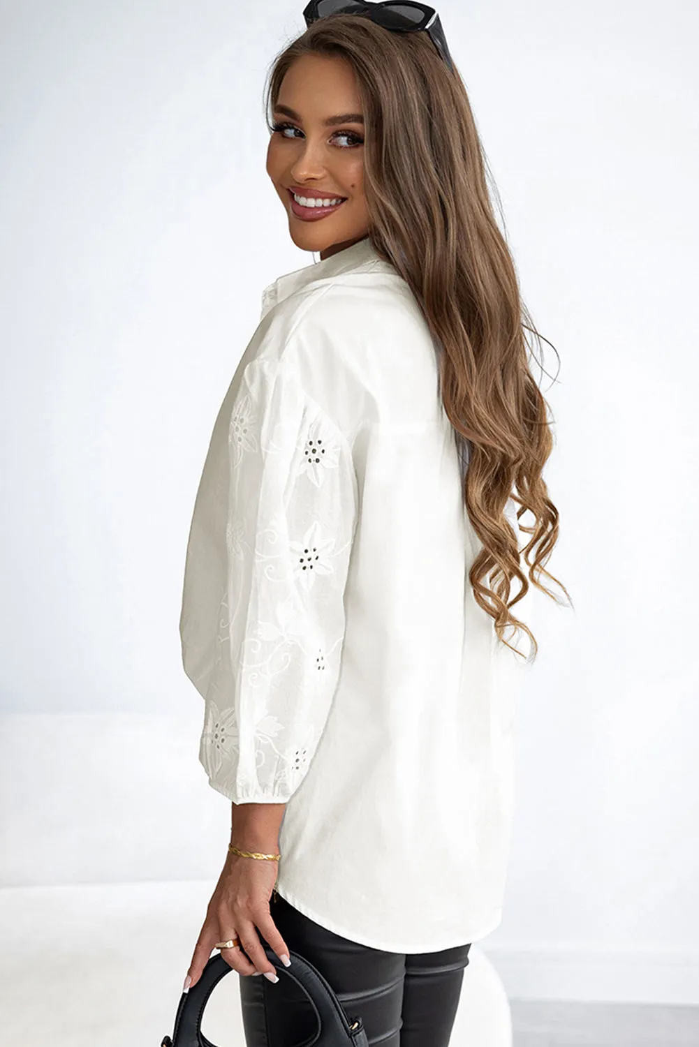 White Eyelets Embroidered Puff Sleeve Buttoned Shirt sold by Beagle Boutique product image thumbnail 2