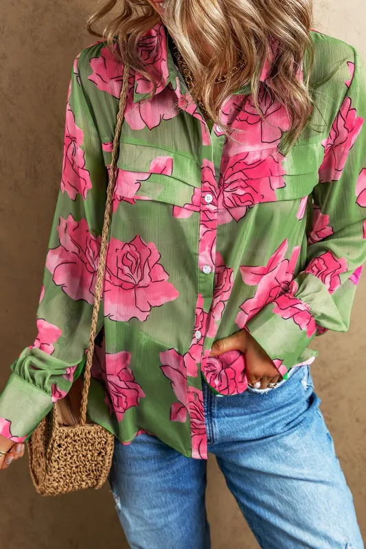 Green Floral Print Pleated Detail Puff Sleeve Shirt sold by Beagle Boutique