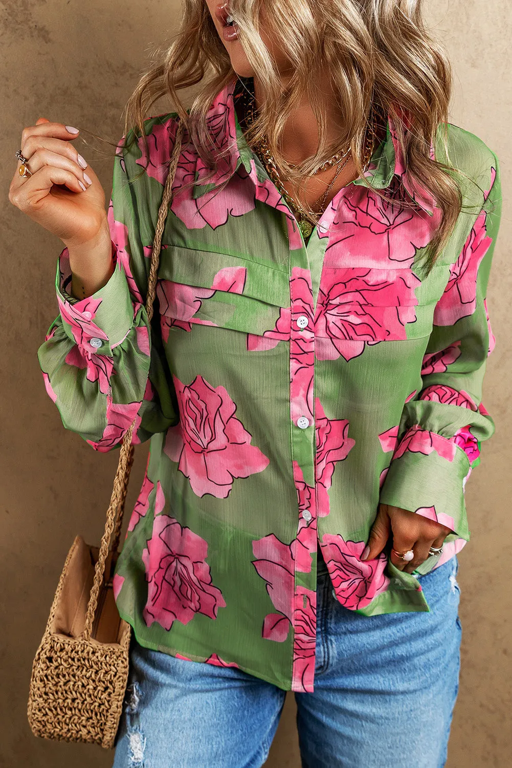 Green Floral Print Pleated Detail Puff Sleeve Shirt sold by Beagle Boutique product image thumbnail 3