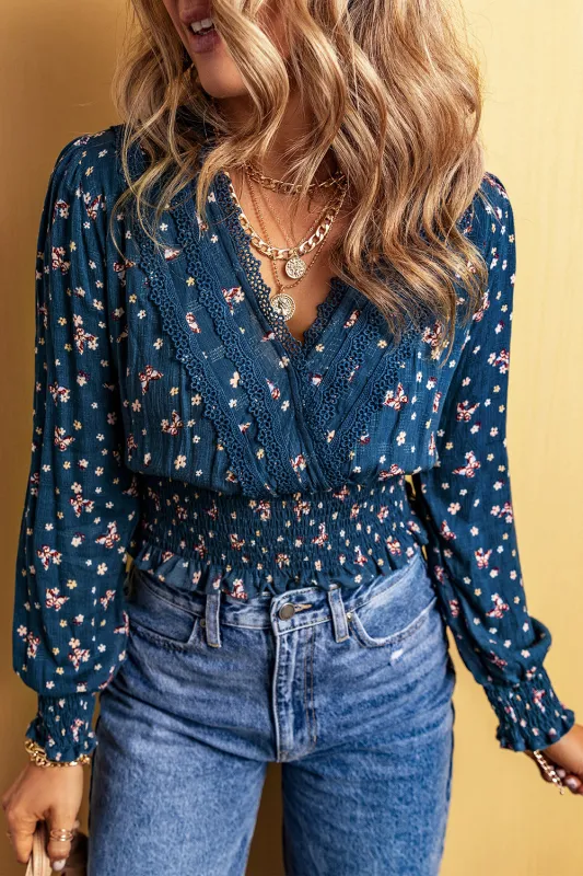 Blue Lace Trim V Neck Floral Smocked Long Sleeve Blouse sold by Beagle Boutique