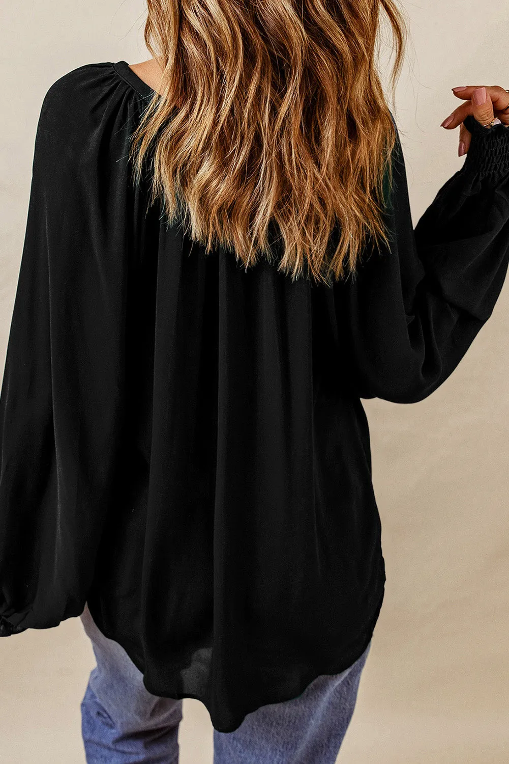 Black Pleated V Neck Puffy Sleeve Blouse sold by Beagle Boutique product image thumbnail 2