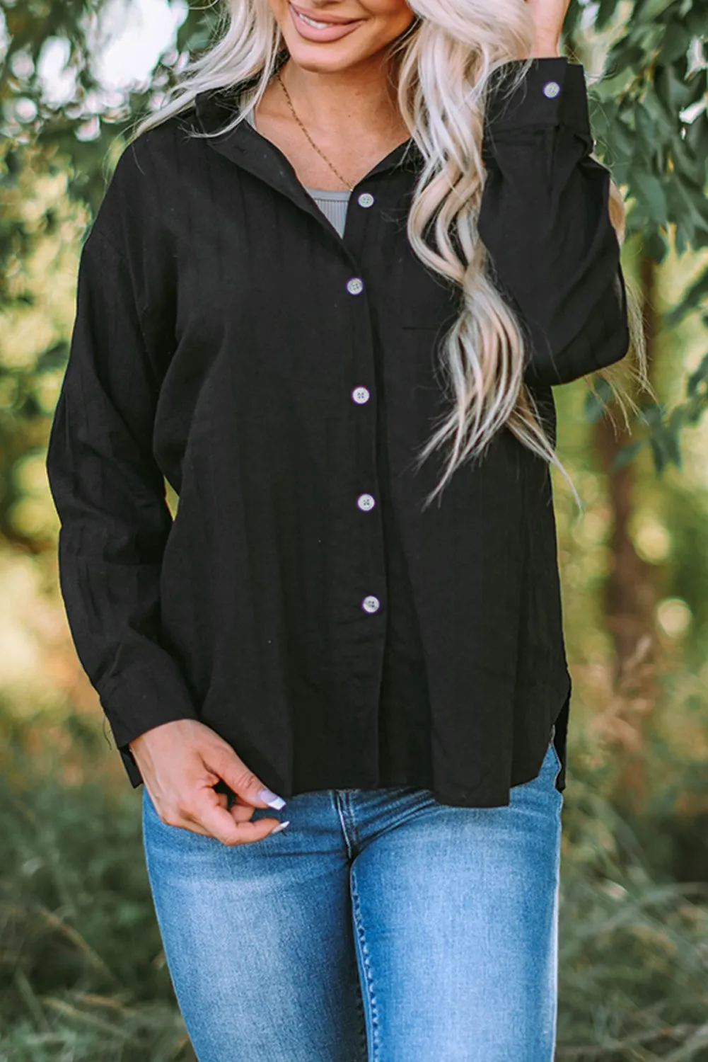 Blue Textured Buttoned Pocket Long Sleeve Shirt sold by Beagle Boutique product image thumbnail 4