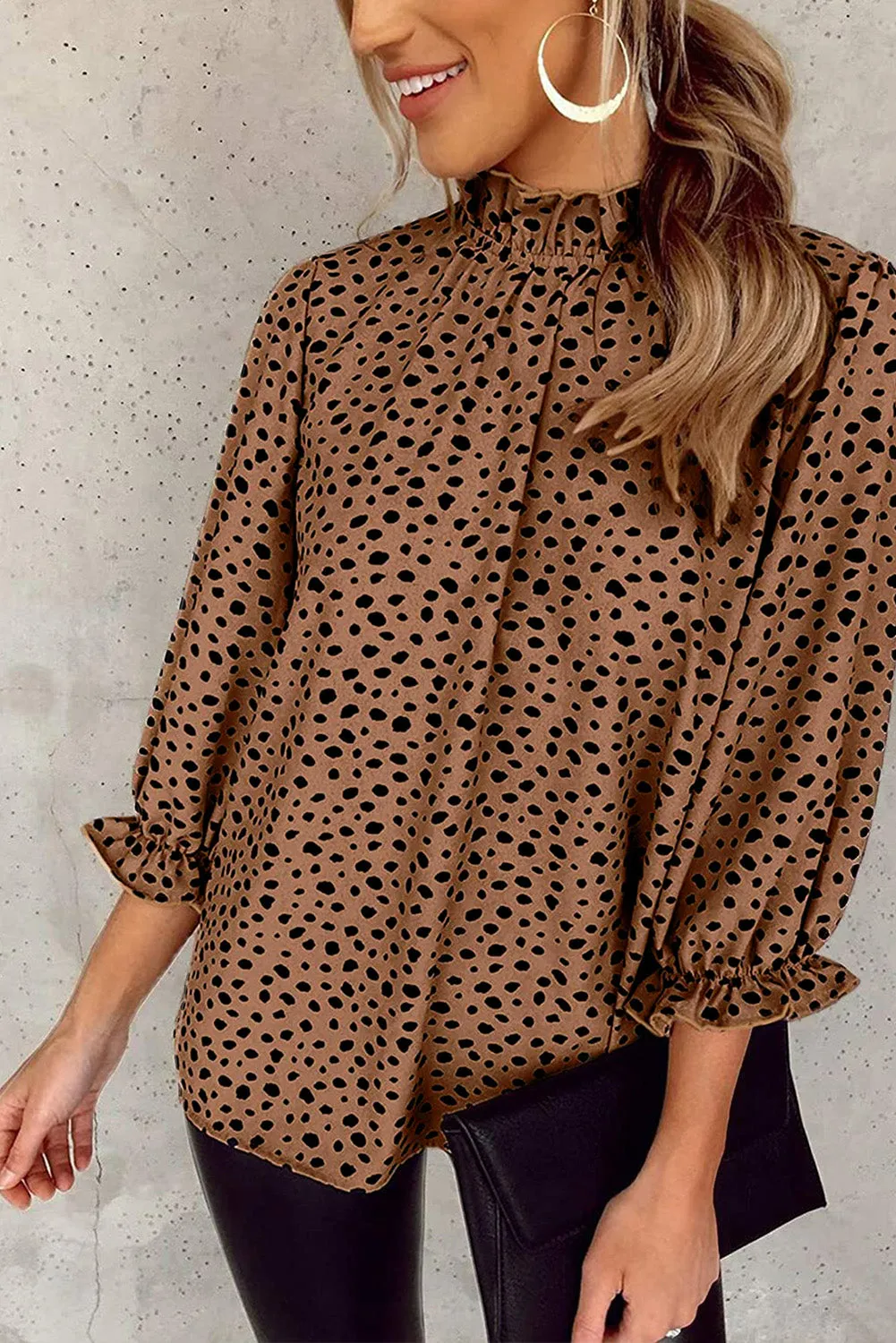 Khaki Frilled Neck 3/4 Sleeves Cheetah Blouse sold by Beagle Boutique product image thumbnail 4