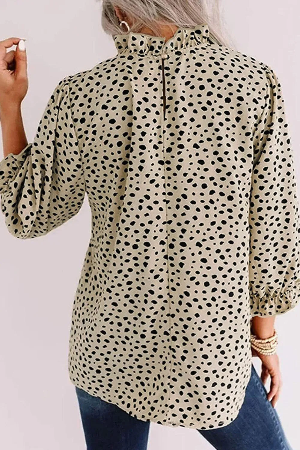Khaki Frilled Neck 3/4 Sleeves Cheetah Blouse sold by Beagle Boutique product image thumbnail 2
