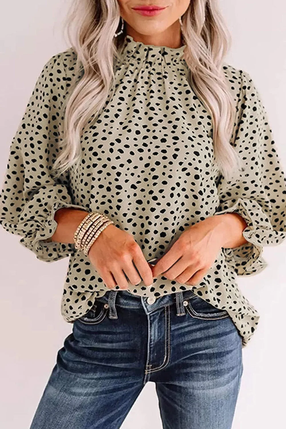 Khaki Frilled Neck 3/4 Sleeves Cheetah Blouse sold by Beagle Boutique product image thumbnail 3