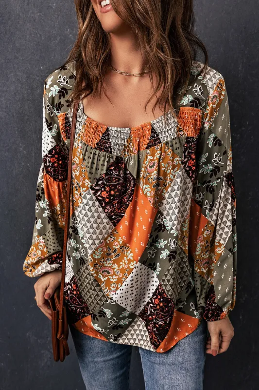 Green Square Neck Mixed Print Blouse sold by Beagle Boutique