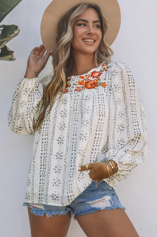 Beige Long Sleeve Embroidered Print Blouse sold by Beagle Boutique