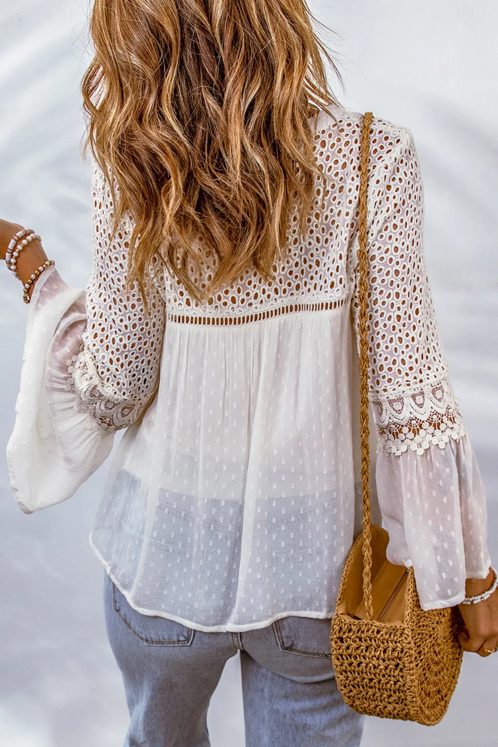 White Lace Crochet Hollow Out Swiss Dot Blouse sold by Beagle Boutique product image thumbnail 2
