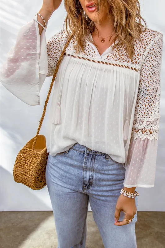 White Lace Crochet Hollow Out Swiss Dot Blouse sold by Beagle Boutique