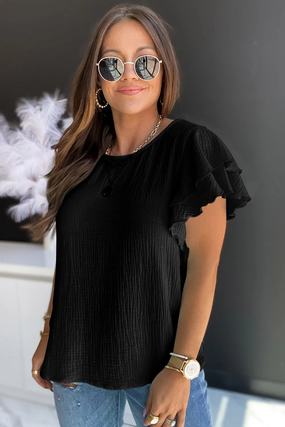 Pink Textured Tiered Ruffled Short Sleeve Blouse sold by Beagle Boutique product image thumbnail 5